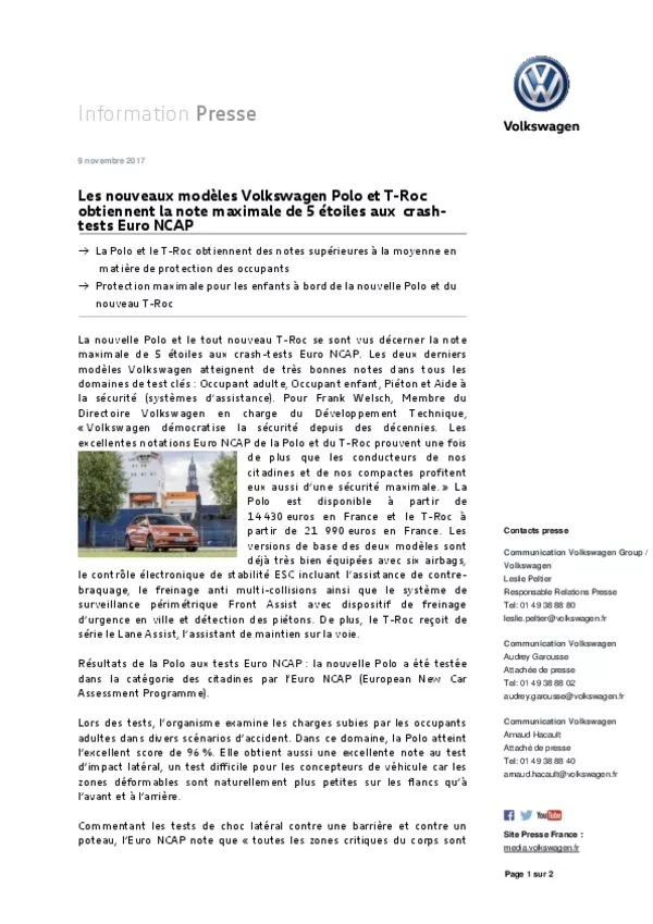 171109Les nouveaux modeles Volkswagen Polo et T-Roc obtiennent la note maximale de 5 etoiles aux  crash-tests Euro NCAP-pdf