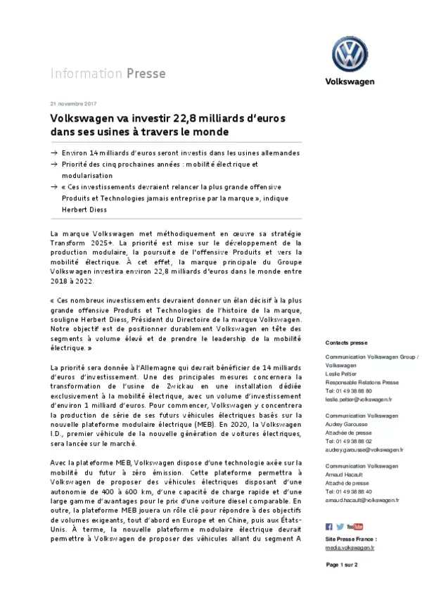 171121Volkswagen va investir 22,8 milliards d'euros dans ses usines a travers le monde-pdf