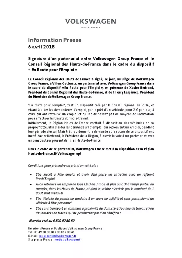 Signature dun partenariat entre Volkswagen Group France et le Conseil Regional des Hauts-de-France -pdf