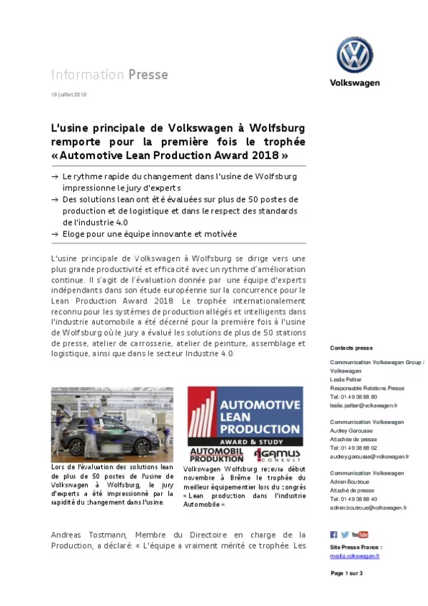 180719 Lusine principale de Volkswagen a Wolfsburg remporte pour la premiere fois le trophee  Automotive Lean Production Award 2018 -pdf