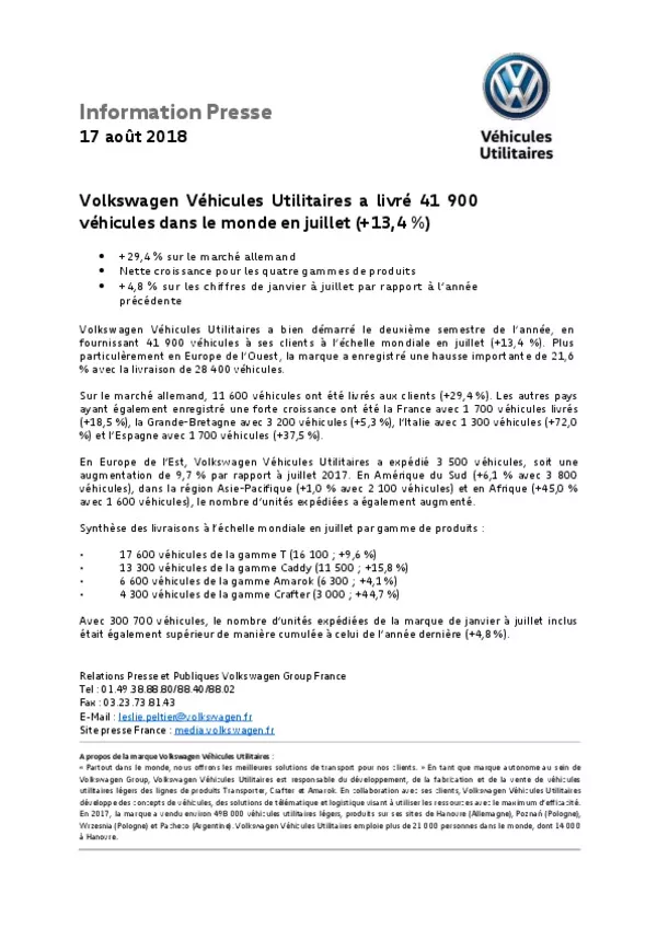 180817Volkswagen Vehicules Utilitaires a livre 41 900 vehicules au niveau mondial en juillet 134 -pdf