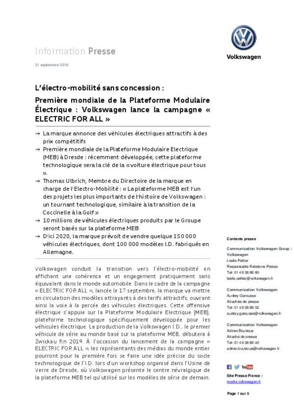 180921Le-mobilite sans concession Premiere mondiale de la Plateforme Modulaire Electrique  Volkswagen lance la campagne  ELECTRIC FOR ALL -pdf