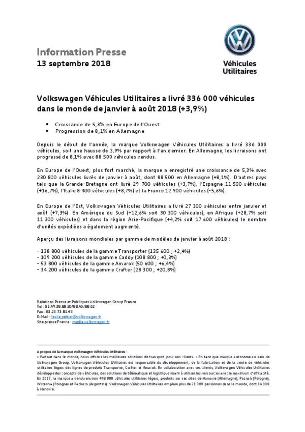 180913Volkswagen Vehicules Utilitaires a livre 336 000 vehicules dans le monde de janvier a aout 2018 3-9-pdf