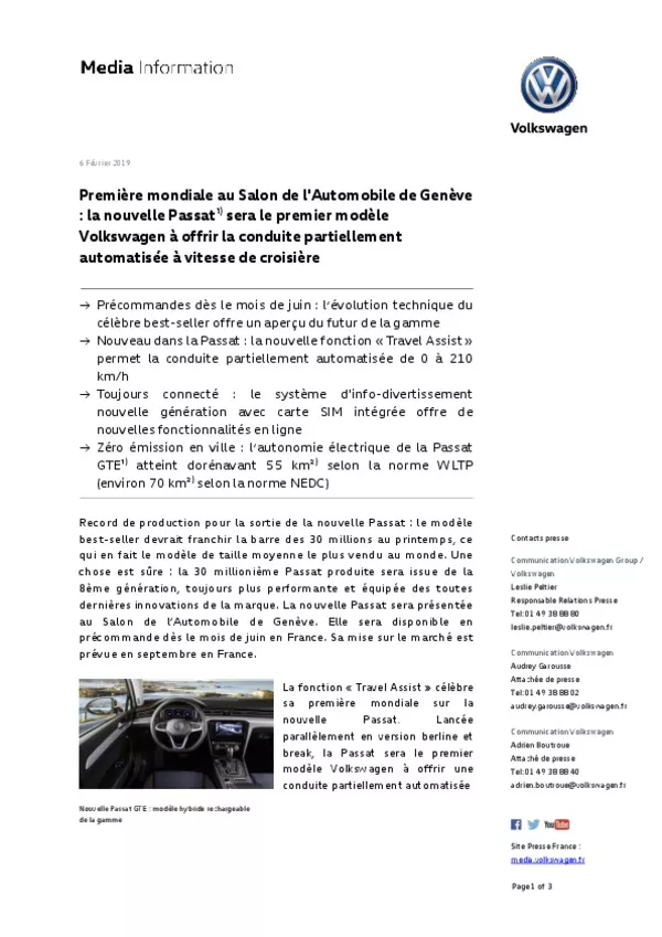 2019 02 06Premiere mondiale au Salon de lAutomobile de Geneve la nouvelle Passat sera le premier modele Volkswagen a offrir la conduite partiellement au 3-pdf
