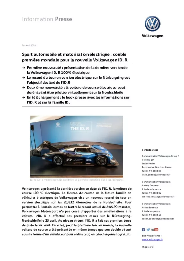 20190426Sport automobile et motorisation electrique  double premiere mondiale pour la nouvelle Volkswagen ID  R-pdf