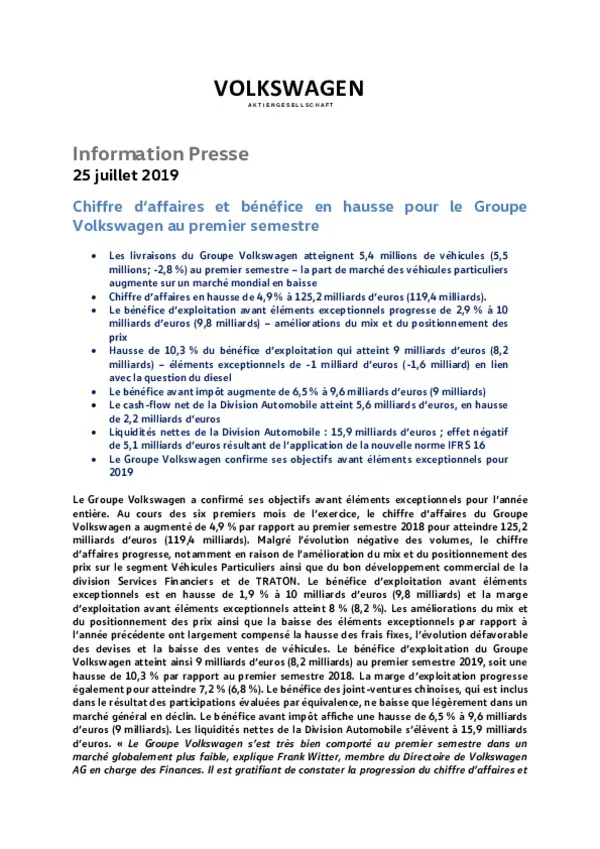 190725 Chiffre daffaires et benefice en hausse pour le Groupe Volkswagen au premier semestre-pdf