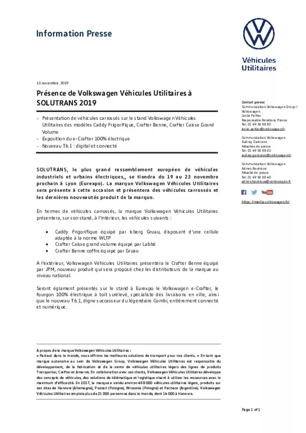 191113 Presence Volkswagen Vehicules Utilitaires a SOLUTRANS 2019-pdf