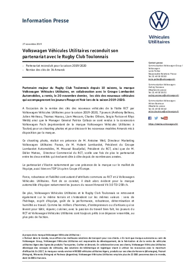 191127Volkswagen Vehicules Utilitaires reconduit son partenariat avec le Rugby Club Toulonnais-pdf
