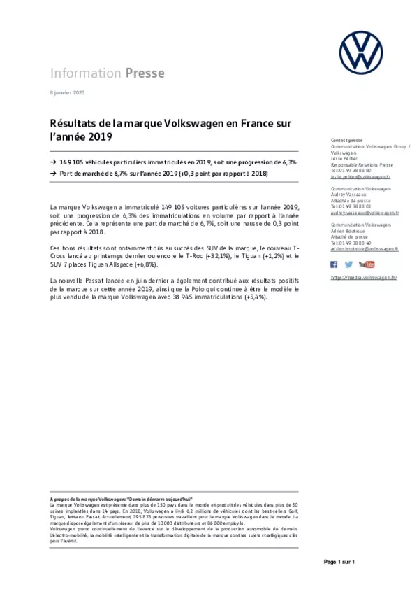 200106Resultats de la marque Volkswagen en France sur lannee 2019-pdf