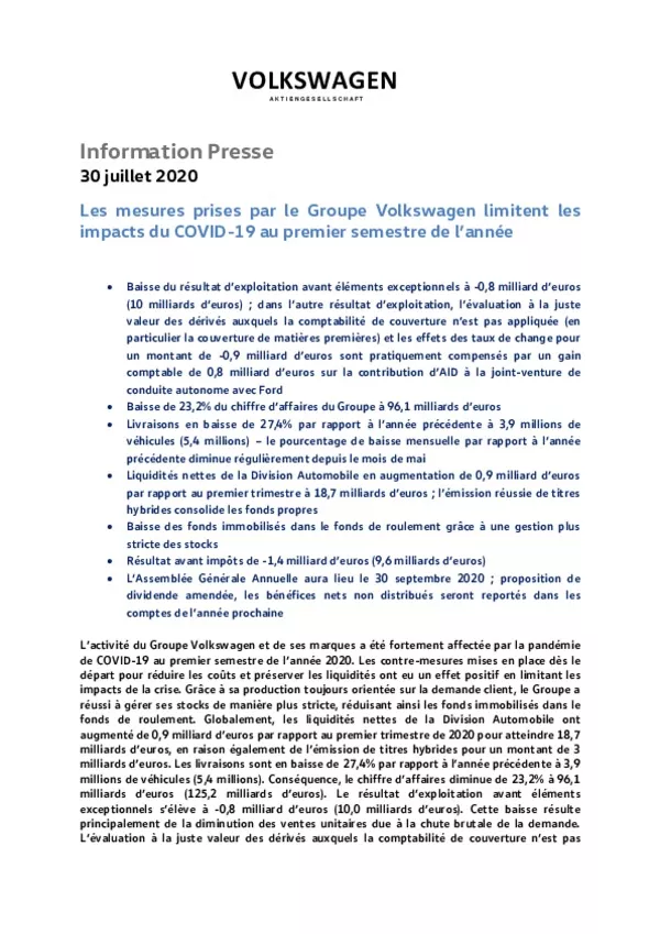 200730Les mesures prises par le Groupe Volkswagen limitent les impacts du COVID-19 au premier semestre de lannee -pdf