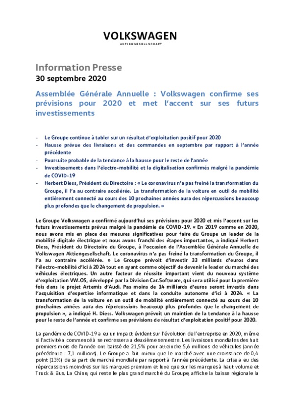 200930Assemblee Generale Annuelle Volkswagen confirme ses previsions pour 2020 et met laccent sur ses futurs investissements-pdf
