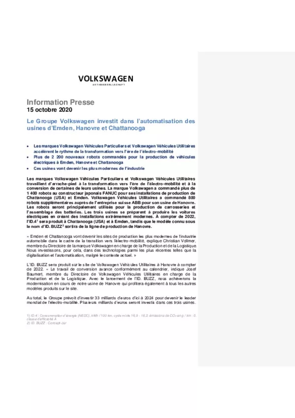 201015Le Groupe Volkswagen investit dans lautomatisation des usines dEmden Hanovre et Chattanooga-pdf
