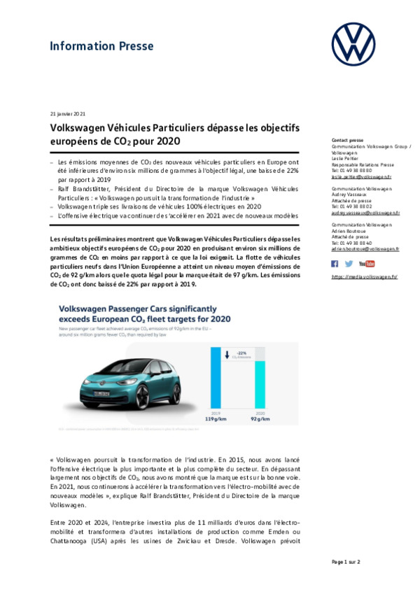 210121Volkswagen Vehicules Particuliers depasse les objectifs europeens de CO2 pour 2020-pdf