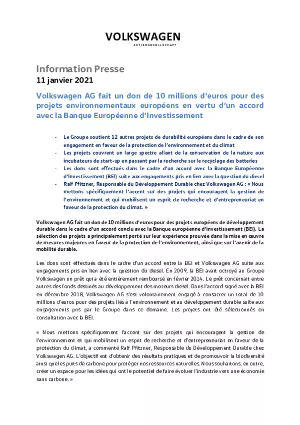 210111Volkswagen AG fait un don de 10 millions deuros pour des projets environnementaux europeens en vertu dun accord avec la Banque Europeenne dInvestissement-pdf