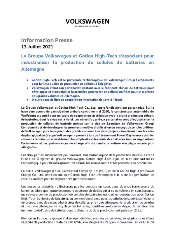 210713Le Groupe Volkswagen et Gotion High-Tech sassocient pour industrialiser la production de cellules de batteries en Allemagne-pdf