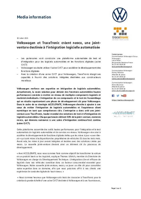 210730Volkswagen et TraceTronic creent neocx une joint-venture destinee a lintegration logicielle automatisee -pdf
