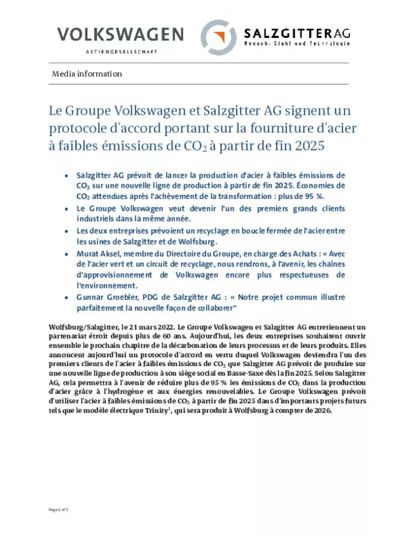 220321Le Groupe Volkswagen et Salzgitter AG signent un protocole daccord portant sur la fourniture dacier a faibles emissions de CO2 a partir de fin 2025MMa-pdf