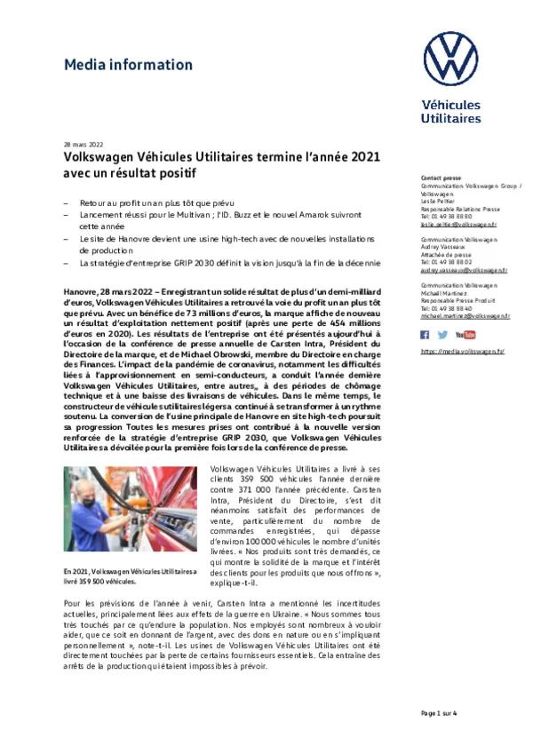220328Solide redressement  Volkswagen Vehicules Utilitaires termine lannee 2021 avec un resultat positif-pdf