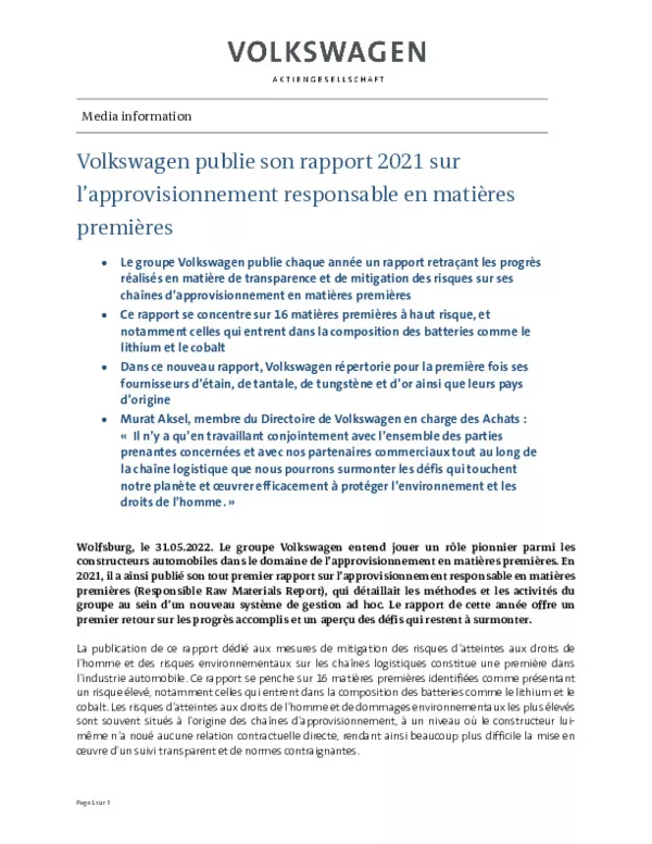 Communique de presse - Volkswagen publie ledition 2021 de son rapport sur lapprovisionnement responsable en matieres premieres-pdf
