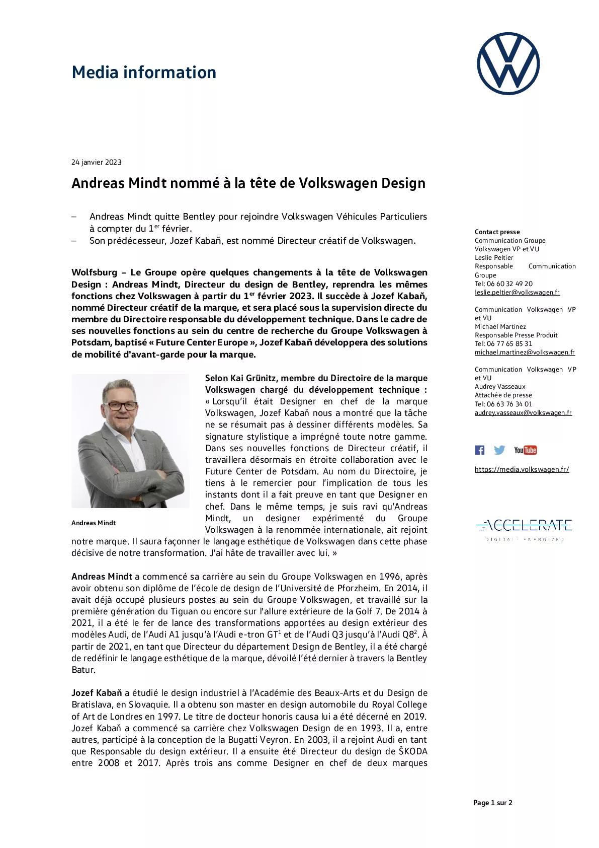 Communiqué de presse - Andreas Mindt nommé à la tête de Volkswagen Design