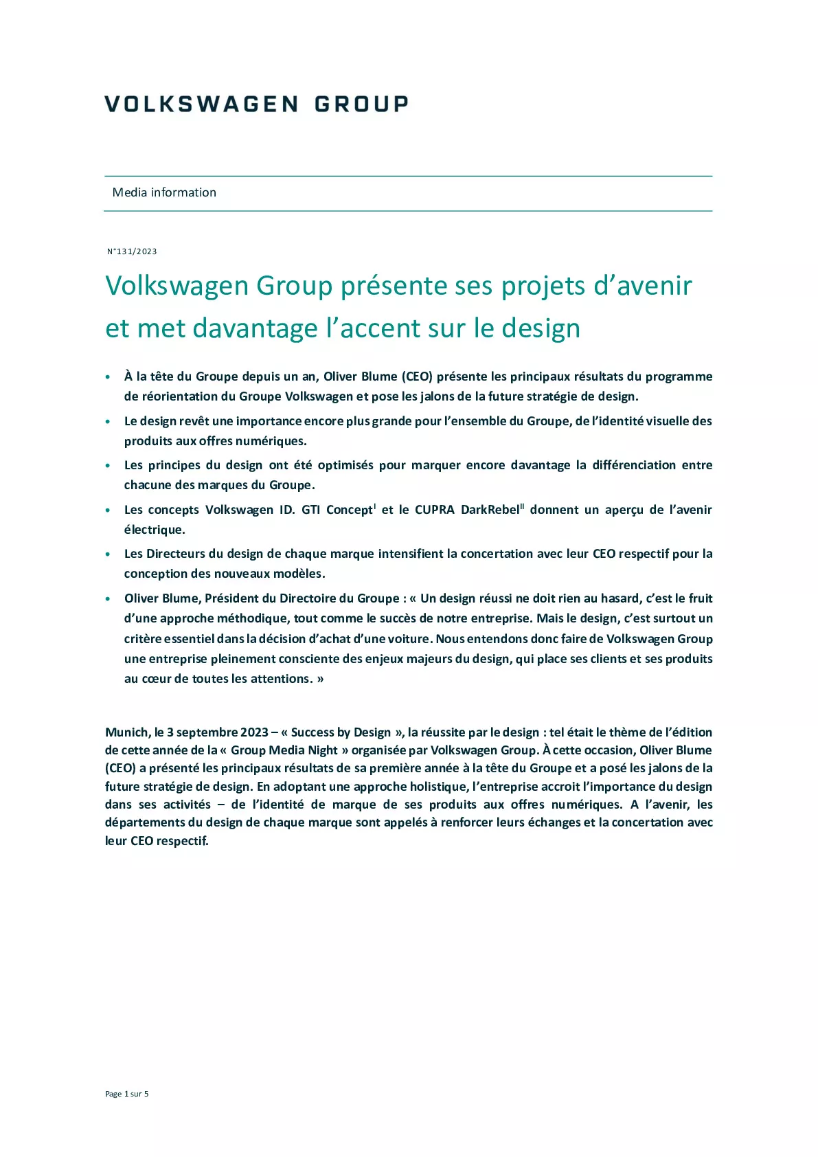 Communiqué de presse - Volkswagen Group présente ses projets davenir et met davantage laccent sur le design-pdf